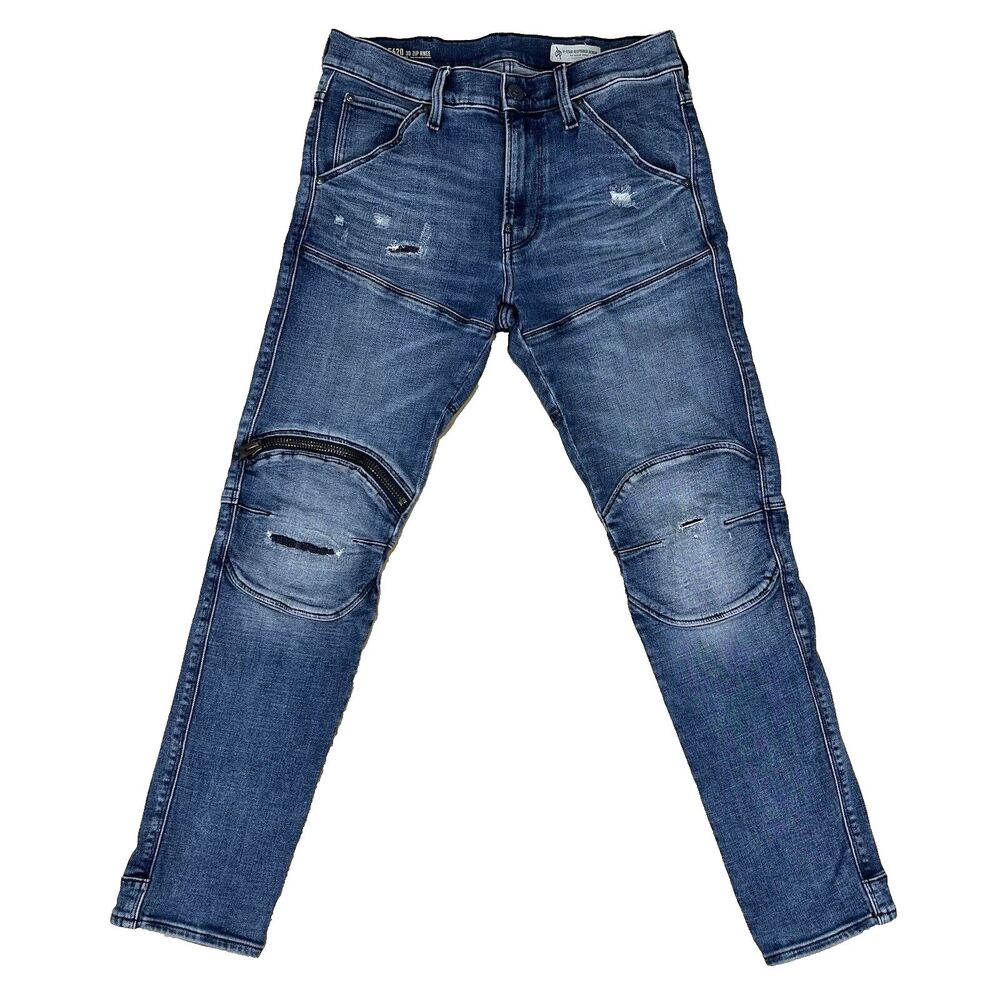 G Star Raw Jeans Men 29x30 Blue 5620 3D Zip Knee Skinny Distress Moto Bikercore